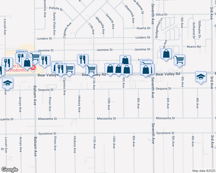 map of restaurants, bars, coffee shops, grocery stores, and more near Sequoia Street in Hesperia