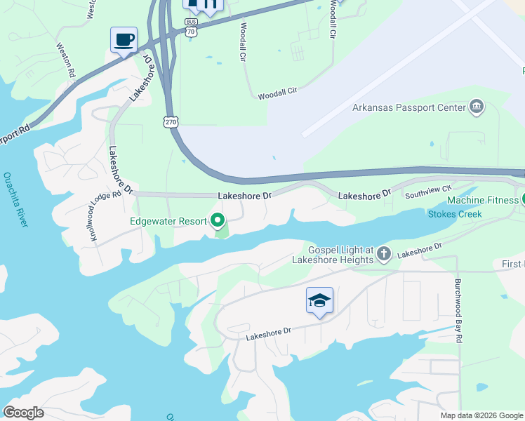 map of restaurants, bars, coffee shops, grocery stores, and more near 222 Edgewater Circle in Hot Springs