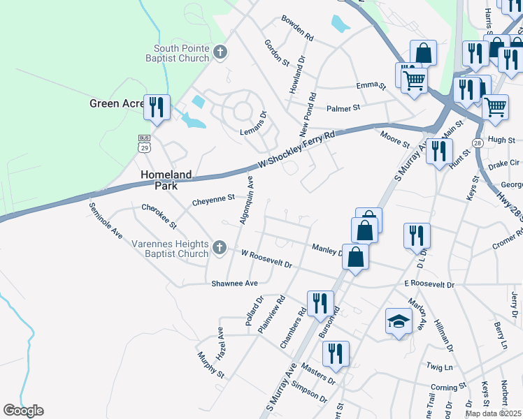 map of restaurants, bars, coffee shops, grocery stores, and more near 707 Sterling Drive in Anderson