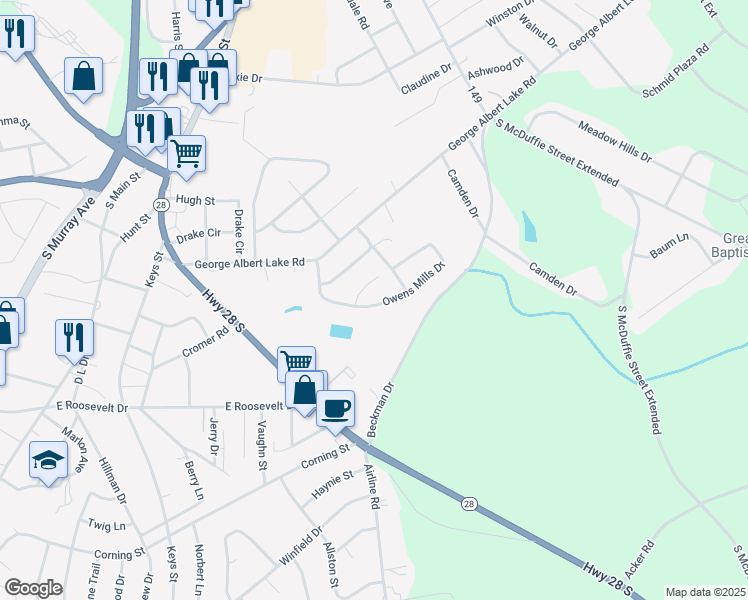 map of restaurants, bars, coffee shops, grocery stores, and more near 3003 Lullwater Drive in Anderson