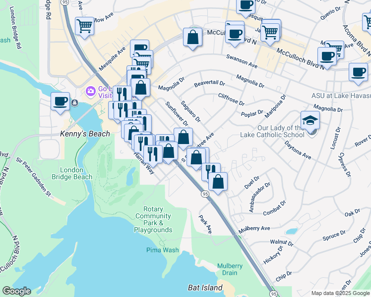 map of restaurants, bars, coffee shops, grocery stores, and more near 271 Lake Havasu Avenue in Lake Havasu City