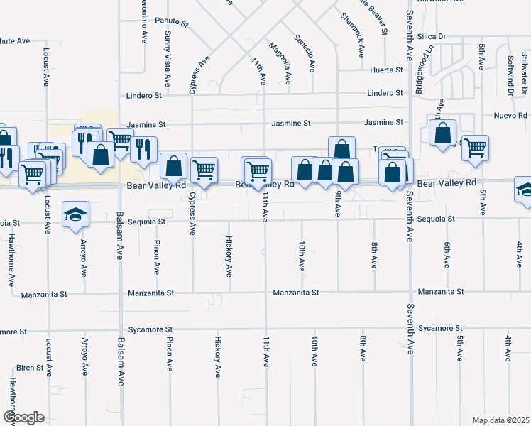 map of restaurants, bars, coffee shops, grocery stores, and more near 11969 11th Avenue in Hesperia
