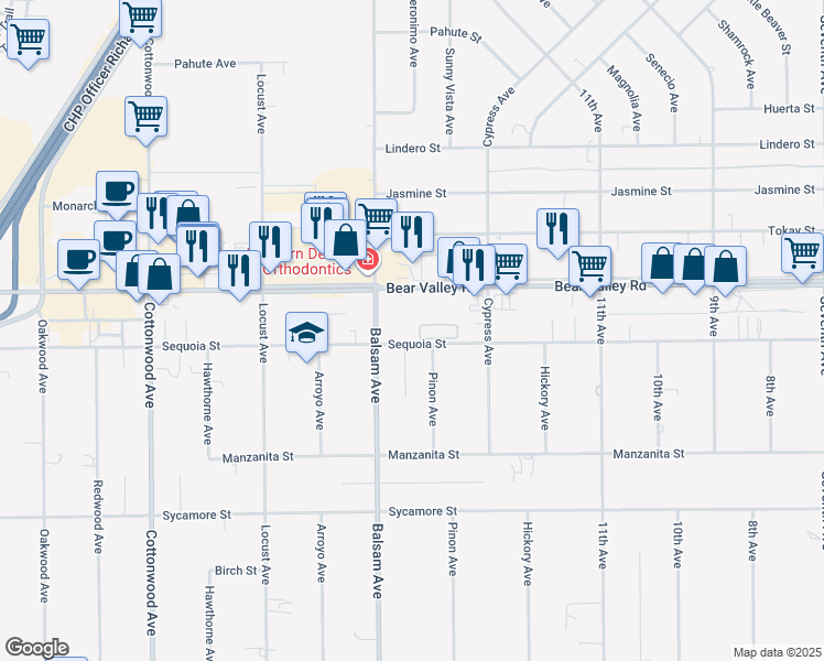 map of restaurants, bars, coffee shops, grocery stores, and more near 11988 Pinon Avenue in Hesperia