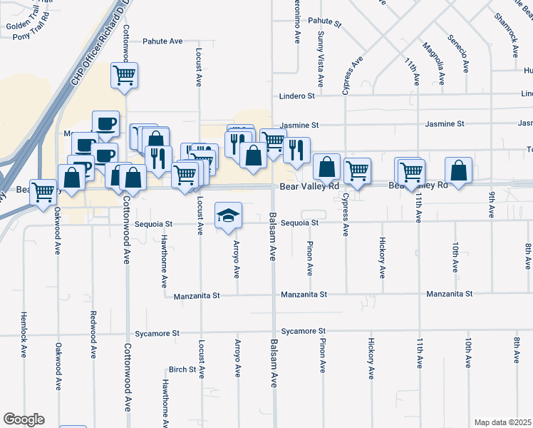 map of restaurants, bars, coffee shops, grocery stores, and more near 15283 Sequoia Street in Hesperia