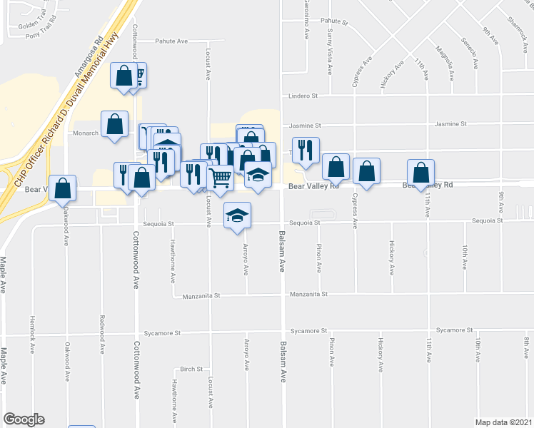 map of restaurants, bars, coffee shops, grocery stores, and more near 15233 Sequoia Street in Hesperia