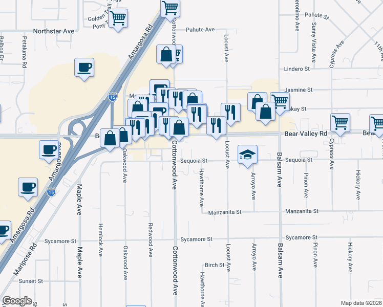 map of restaurants, bars, coffee shops, grocery stores, and more near 14934 Sequoia Street in Hesperia