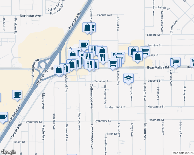 map of restaurants, bars, coffee shops, grocery stores, and more near 14934 Sequoia Street in Hesperia