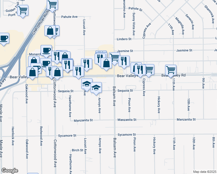 map of restaurants, bars, coffee shops, grocery stores, and more near 15250 Sequoia Street in Hesperia