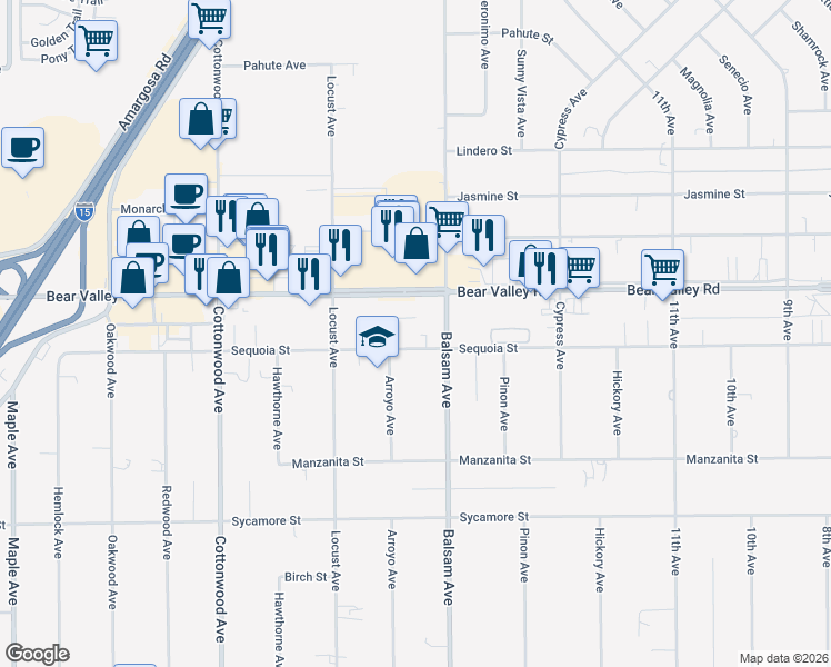 map of restaurants, bars, coffee shops, grocery stores, and more near 15334 Sequoia Avenue in Hesperia