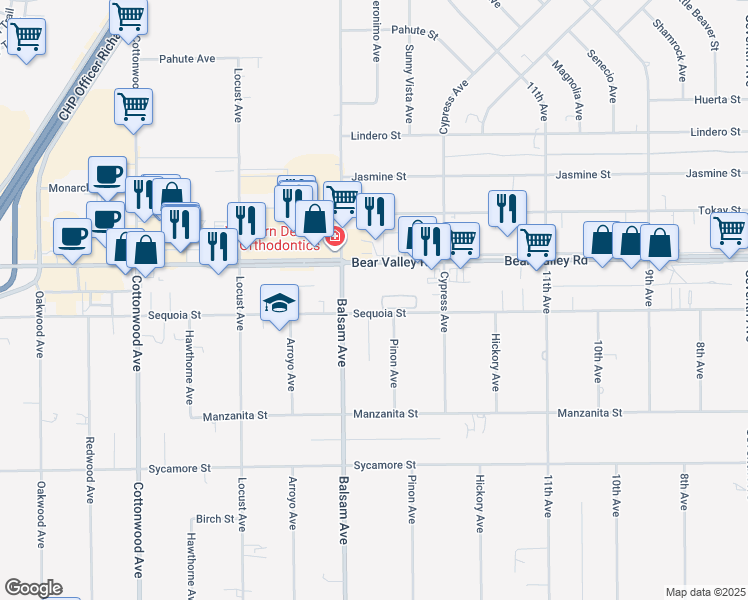 map of restaurants, bars, coffee shops, grocery stores, and more near 11988 Pinon Avenue in Hesperia