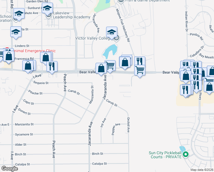 map of restaurants, bars, coffee shops, grocery stores, and more near 14420 Jacaranda Avenue in Hesperia