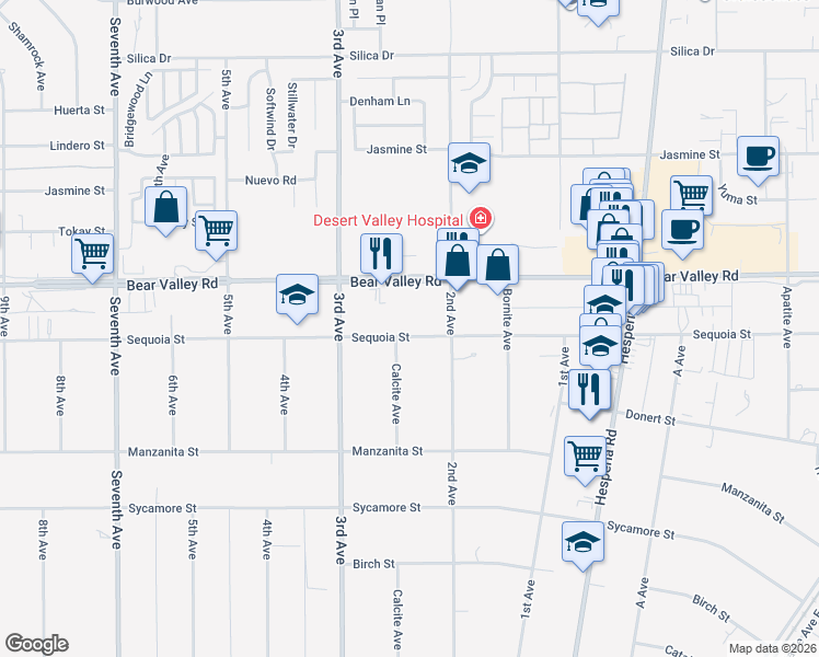 map of restaurants, bars, coffee shops, grocery stores, and more near 16622 Sequoia Street in Hesperia