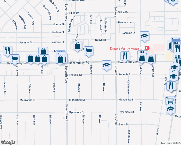 map of restaurants, bars, coffee shops, grocery stores, and more near 12018 5th Avenue in Hesperia