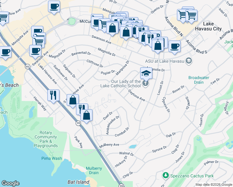map of restaurants, bars, coffee shops, grocery stores, and more near 261 Cottonwood Drive in Lake Havasu City