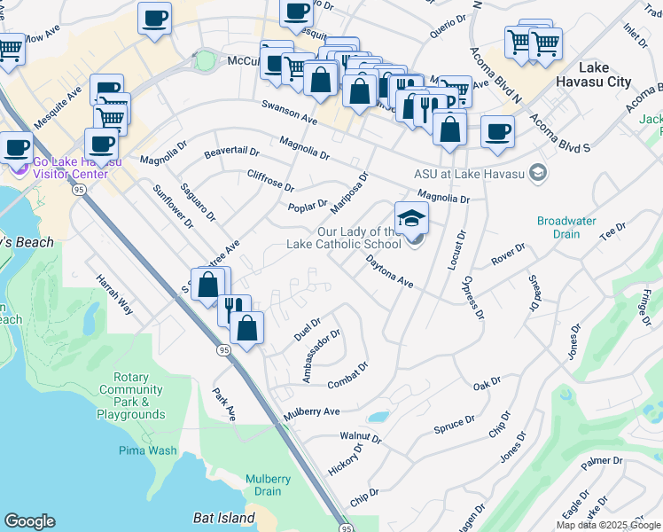 map of restaurants, bars, coffee shops, grocery stores, and more near 210 Cottonwood Drive in Lake Havasu City