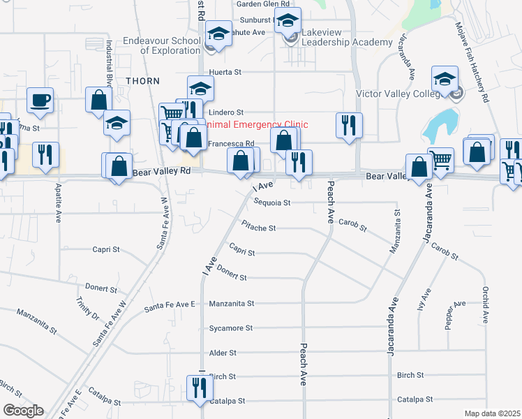 map of restaurants, bars, coffee shops, grocery stores, and more near 17892 Sequoia Street in Hesperia