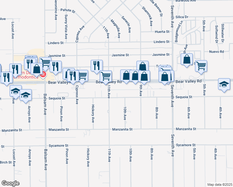 map of restaurants, bars, coffee shops, grocery stores, and more near 15791 Bear Valley Road in Hesperia