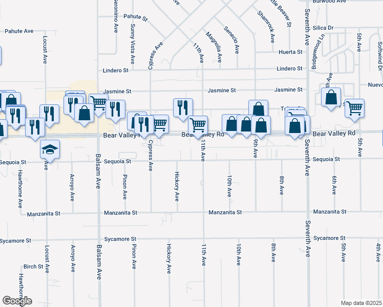 map of restaurants, bars, coffee shops, grocery stores, and more near 15659 Bear Valley Road in Hesperia