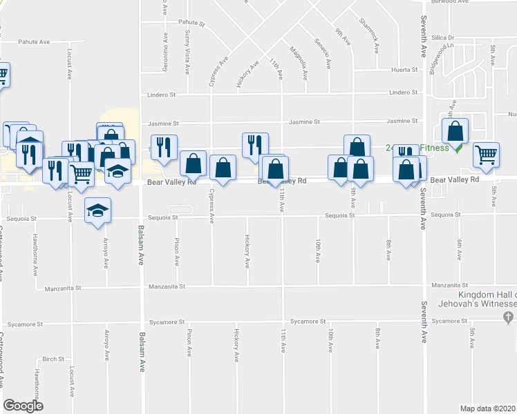 map of restaurants, bars, coffee shops, grocery stores, and more near 15659 Bear Valley Road in Hesperia