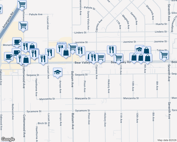 map of restaurants, bars, coffee shops, grocery stores, and more near 15439 Bear Valley Road in Hesperia