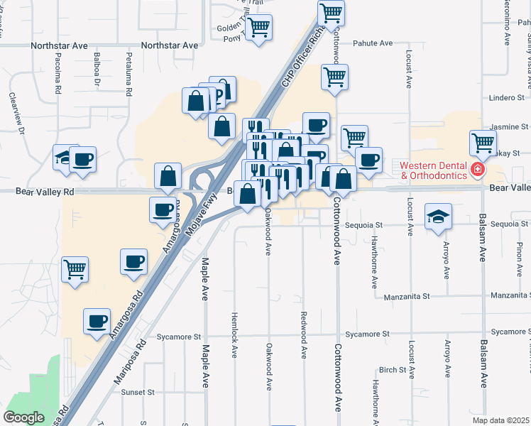 map of restaurants, bars, coffee shops, grocery stores, and more near 12055 Mariposa Road in Hesperia