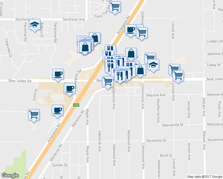 map of restaurants, bars, coffee shops, grocery stores, and more near 12055 Mariposa Road in Hesperia