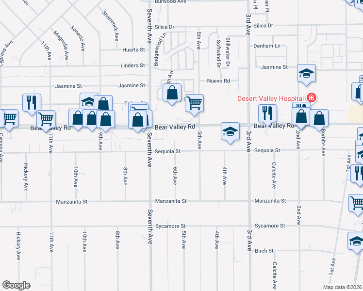 map of restaurants, bars, coffee shops, grocery stores, and more near 16229 Bear Valley Road in Hesperia