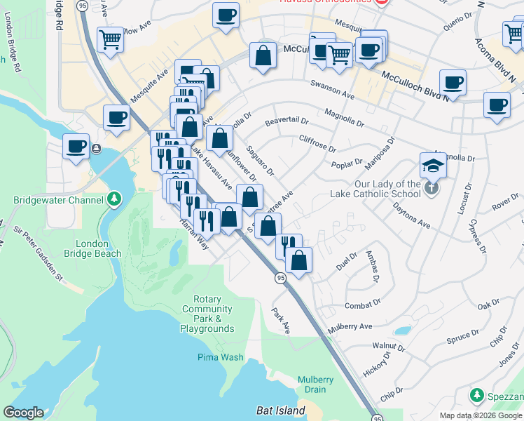 map of restaurants, bars, coffee shops, grocery stores, and more near 282 Sunflower Drive in Lake Havasu City