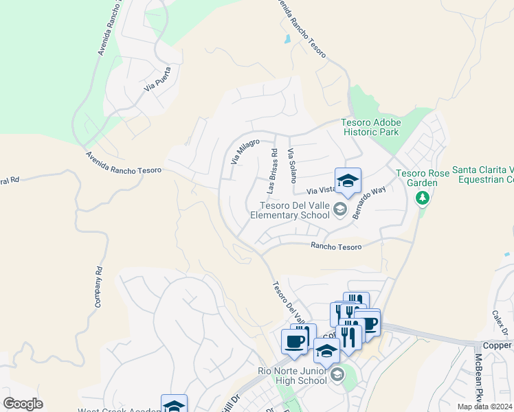 map of restaurants, bars, coffee shops, grocery stores, and more near 29237 Las Brisas Road in Santa Clarita