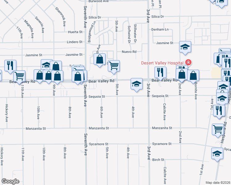 map of restaurants, bars, coffee shops, grocery stores, and more near 12024 5th Avenue in Hesperia