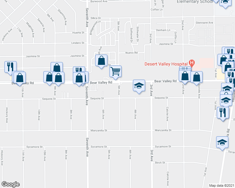 map of restaurants, bars, coffee shops, grocery stores, and more near 16315 Bear Valley Road in Hesperia
