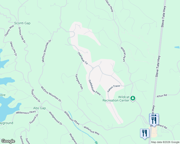 map of restaurants, bars, coffee shops, grocery stores, and more near 2228 Cherokee Trail in Dawsonville