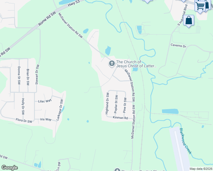 map of restaurants, bars, coffee shops, grocery stores, and more near 198 Thelma Road Southwest in Calhoun