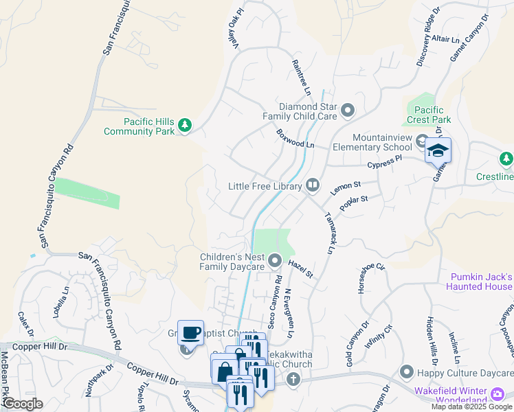 map of restaurants, bars, coffee shops, grocery stores, and more near 28552 Avocado Place in Santa Clarita