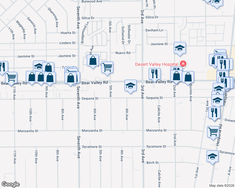 map of restaurants, bars, coffee shops, grocery stores, and more near 16348 Sequoia Street in Hesperia
