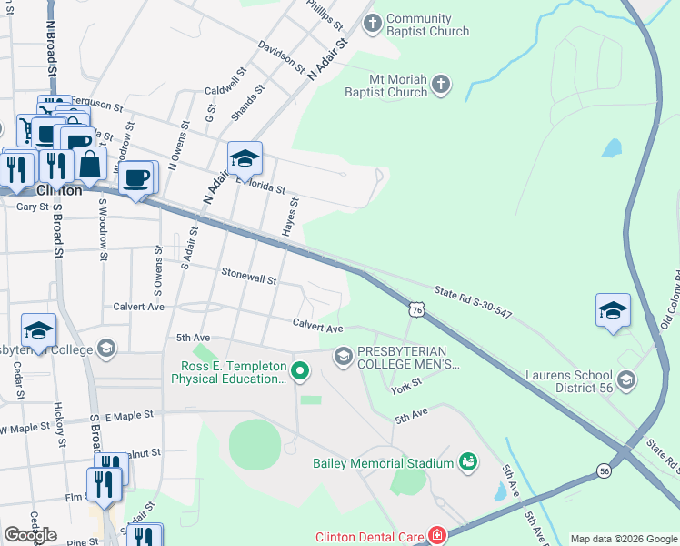 map of restaurants, bars, coffee shops, grocery stores, and more near 818 East Carolina Avenue in Clinton