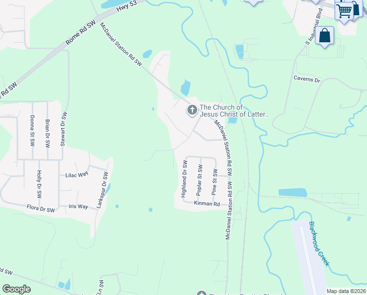 map of restaurants, bars, coffee shops, grocery stores, and more near 198 Thelma Road Southwest in Calhoun