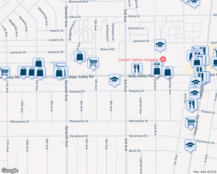 map of restaurants, bars, coffee shops, grocery stores, and more near 16388 Sequoia Street in Hesperia