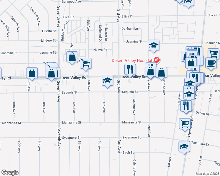 map of restaurants, bars, coffee shops, grocery stores, and more near 16440 Sequoia Street in Hesperia
