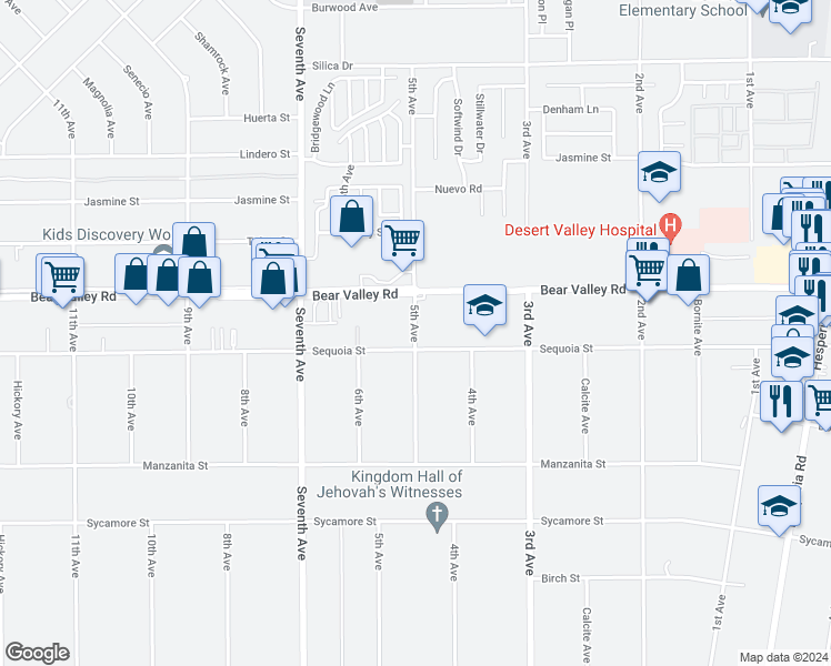 map of restaurants, bars, coffee shops, grocery stores, and more near 12030 5th Avenue in Hesperia