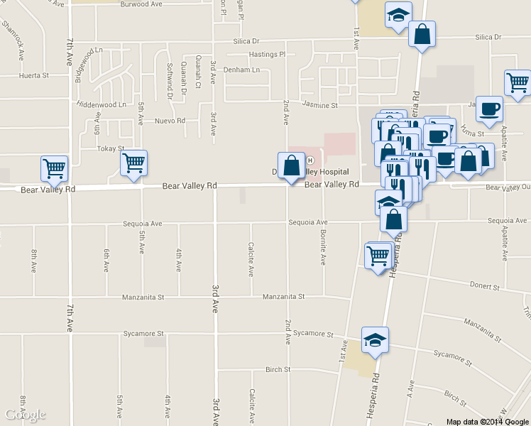map of restaurants, bars, coffee shops, grocery stores, and more near 16632 Sequoia Avenue in Hesperia