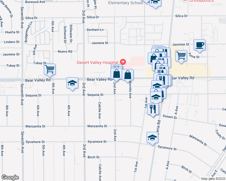 map of restaurants, bars, coffee shops, grocery stores, and more near 16632 Sequoia Avenue in Hesperia