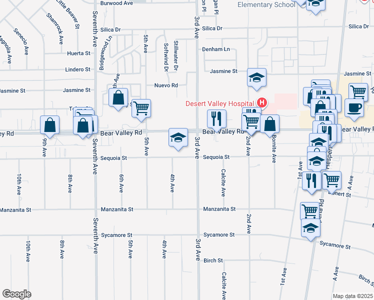 map of restaurants, bars, coffee shops, grocery stores, and more near 16453 Bear Valley Road in Hesperia