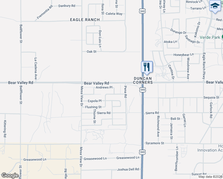 map of restaurants, bars, coffee shops, grocery stores, and more near 11950 Andrews Place in Victorville