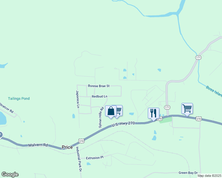 map of restaurants, bars, coffee shops, grocery stores, and more near 389 Bonnie Brae Street in Hot Springs