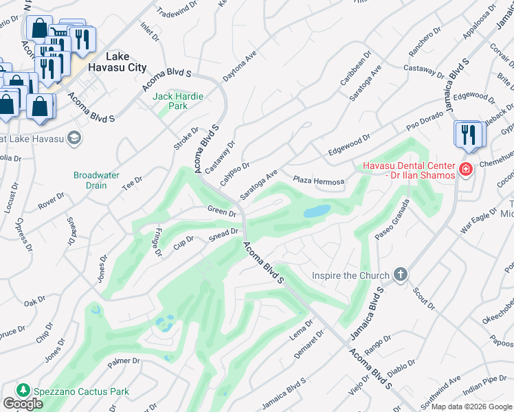 map of restaurants, bars, coffee shops, grocery stores, and more near 420 Acoma Boulevard South in Lake Havasu City