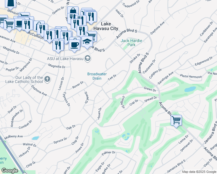 map of restaurants, bars, coffee shops, grocery stores, and more near 2342 Tee Place in Lake Havasu City
