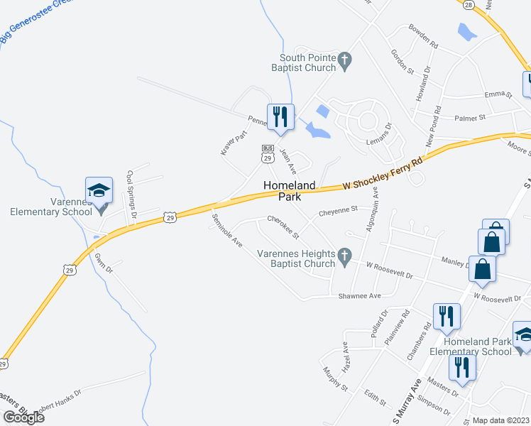 map of restaurants, bars, coffee shops, grocery stores, and more near 485 Cherokee Street in Anderson