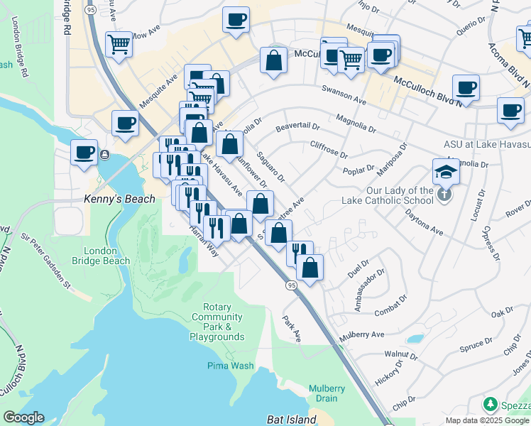 map of restaurants, bars, coffee shops, grocery stores, and more near 276 Lake Havasu Avenue in Lake Havasu City