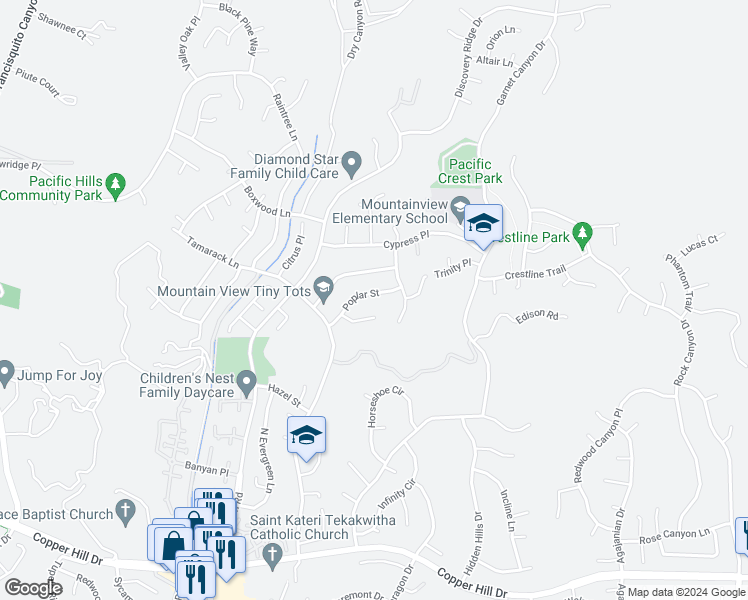 map of restaurants, bars, coffee shops, grocery stores, and more near 22436 Poplar Street in Santa Clarita